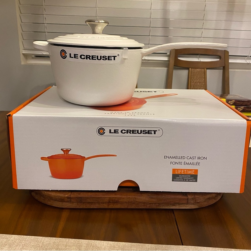 Le Creuset White Enameled Cast Iron Saucepan with Lid